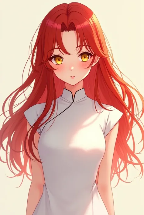 A girl with red hair , No hair tie, long shiny hair  yellow eyes, wearing a white ao dai without patterns, Front view, is a person with cute appearance , Anime
