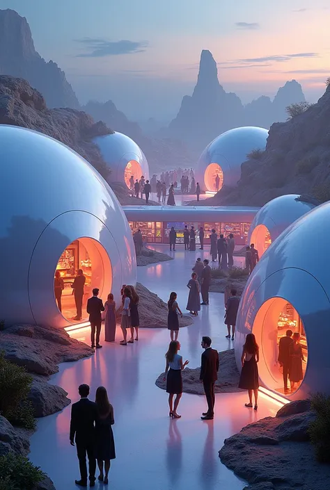 illustrate me a place with 3 futuristic round domes with tunnels to go from one dome to another to have a big party