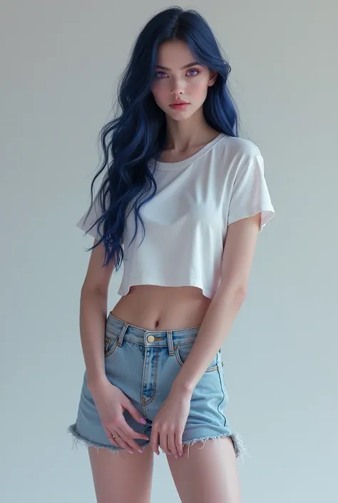 The most beautiful girl, with dark blue long hair,  gradient purple-black eyes, very perfect body,good form,dressed in t-shirt white,short jeans, and Jordan air shoes 