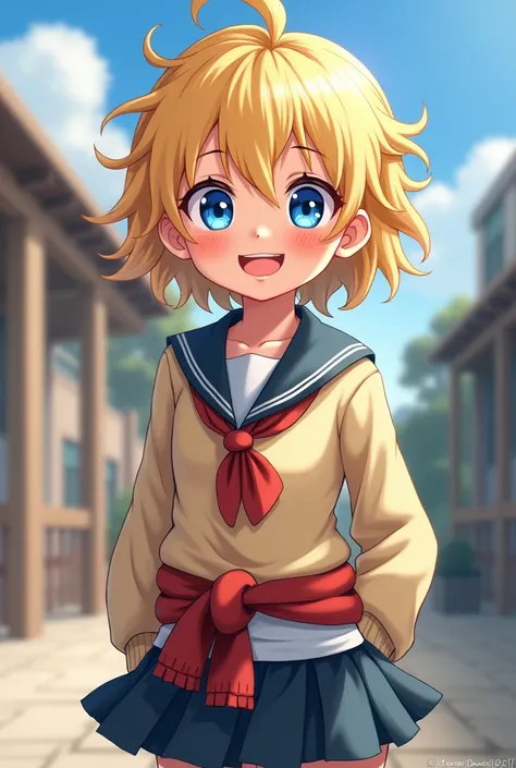 
"A 1 with fair skin, messy blonde hair, and bright blue eyes. She wears a school uniform with a sweater tied around her waist and always has a mischievous smile. With a carefree attitude."