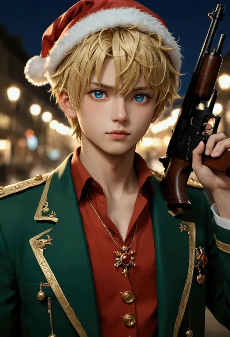 a young man holding two double bartels with a chrismast decoration on the gun and with a short blonde hair blue sharp eye and with white bangs and wearing a lester coat that is the santa claus version kita din yung nya and wearing a necklace and the name G...