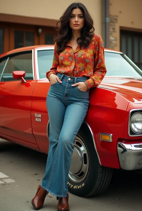 "Create a high-quality image featuring a curvy woman with dark brown hair styled in loose waves, reminiscent of the 1970s. She is leaning casually against a vintage red car from the 1970s era, capturing the essence of that time period. The car is a classic...