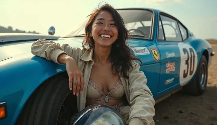 At Isle of Mann,  a sweaty, dust-stained Japanese woman wearing racing suit is sitting on the earth next to a Blue Ferrari 250 modified for drag racing with many manufacturer’s stickers, leaning against the door, one leg outstretched with satisfied smile. ...