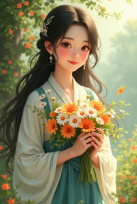 A girl long hair, flowers in hand, smiling, traditional 