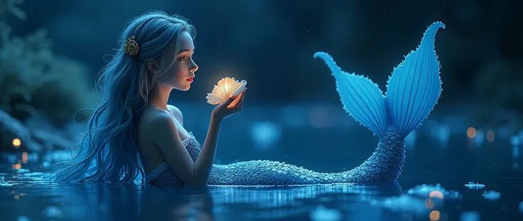 Serenade of the Deep: A seductive mermaid with deep blue scales and piercing eyes, emerging from the ocean depths. She holds a  shell t, playing a soft, soothing tune that echoes through the night. The scene is bathed in the soft glow of bioluminescent sea...