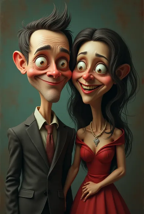 make ,a realistic full body shot,exagerrated ,caricature ,a creepy couple ,,looking at the viewer,with nice smile, This masterpiece captures the essence of the era, radiating nostalgia and vintage charm.,simple background.high detail,3d render