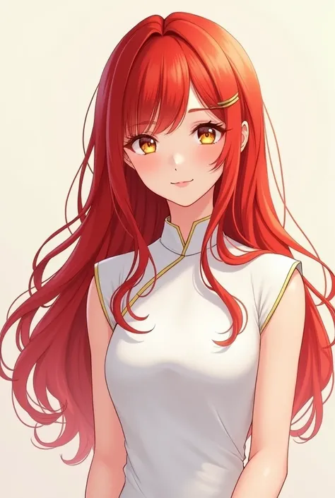 A girl with red hair , No hair tie, long shiny hair  yellow eyes, wearing a white ao dai without patterns, Front view, is a person with cute appearance , Anime
