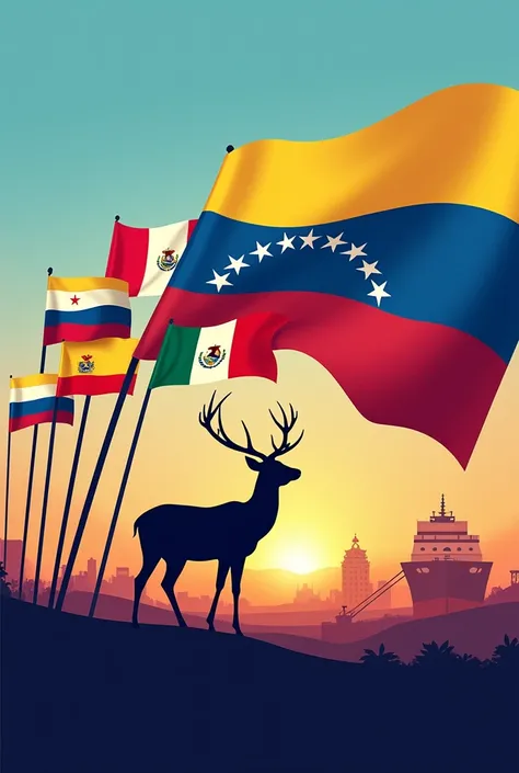 Create something that says shipping to Venezuela,  that includes the flags of Peru,  ecuador, Chile, deer, Panama, Mexico , Spain, uruguay .  The contact number +573148626317