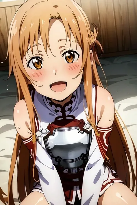 ((Highest quality)), ((masterpiece)), (be familiar with), Perfect Face, indoor, Bedroom, Watching the audience,
One woman, Yuuki Asuna,
Open Mouth, Ecstatic expression, blush, smile,
Small breasts, Flat Chest, , , child, Girl,
Long Hair, Long Hair,
Leg spr...