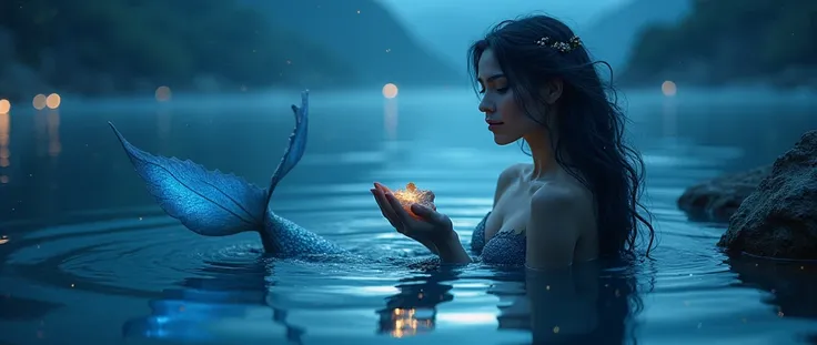 Serenade of the Deep: A seductive beautiful soft face mermaid with deep blue scales and shining water piercing eyes, emerging from the ocean depths. She holds a  shell t, playing a soft, soothing tune that echoes through the night. The scene is bathed in t...