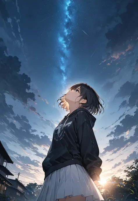 Japanese cartoon、((Astonishingly)),(masterpiece:1.2),超High resolution, Attention to detail, high quality, High resolution, 最high quality, 4K, 8k、Crying girl、A girl looks up at the sky，One hand raised to the sky、Dark sky with dark clouds、After the heavy rai...