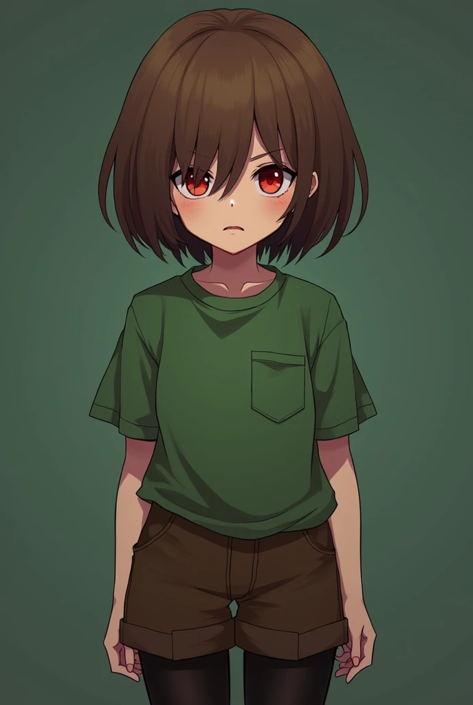 ((Best Quality)), ((masterpiece)), (detailed), Undertale Chara, Brown hair, (brown shorts: 1.3), bob cut, short hair, black pantyhose, (Green shirt: 1.3), Red eyes, (1 girl: 1.3), (Alone: 1.3), Stripes, semi naked