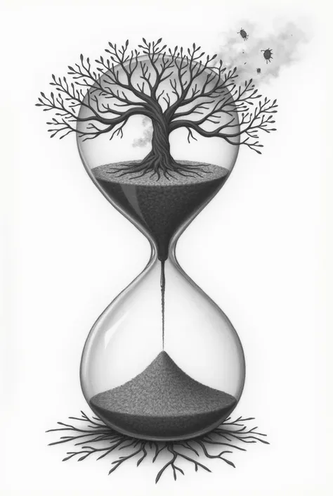 I want a pencil drawing for a tattoo of the tree of life inside an hourglass, with representation of memories coming out of it

