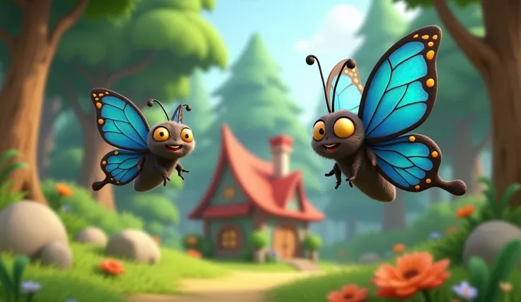 beautiful butterflies with blue wings and golden big eyes and wearing a jacket and flying in the forest and smile face and background has a house for butterflies with 3D cartoon animated