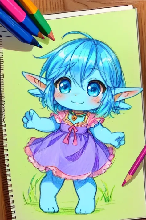 drawing of a cartoon character with a pink and blue dress, colored drawing, chibi monster girl, traditional art, full color drawing, colored sketch, coloured in blueberra and orange, colored in, cute little troll, elf with blue skin, inspired by Puru, a co...