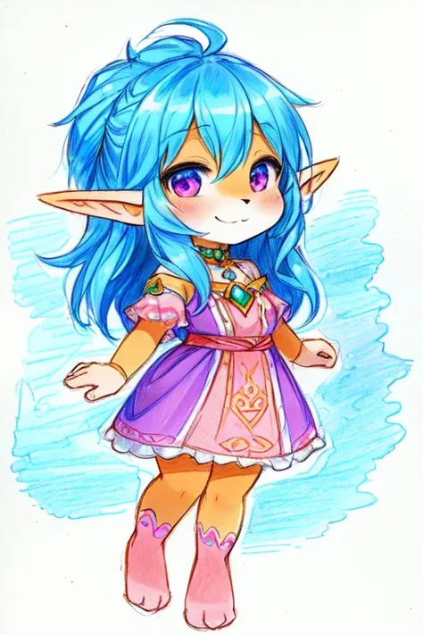 drawing of a cartoon character with a pink and blue dress, colored drawing, chibi monster girl, traditional art, full color drawing, colored sketch, coloured in blueberra and orange, colored in, cute little troll, elf with blue skin, inspired by Puru, a co...