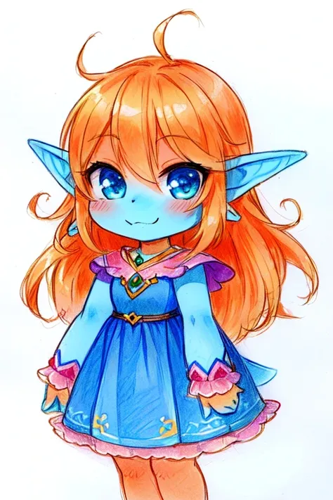 drawing of a cartoon character with a pink and blue dress, colored drawing, chibi monster girl, traditional art, full color drawing, colored sketch, coloured in blueberra and orange, colored in, cute little troll, elf with blue skin, inspired by Puru, a co...