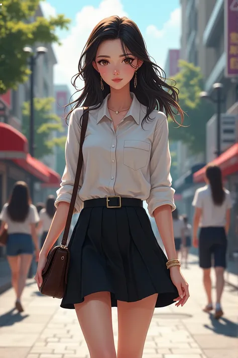 A one girl, 19years, wearing Black skirt , white shirt, walking in street , beautifull pose 