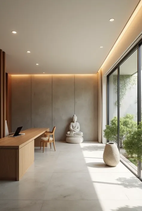 Spacious office interior design: 1.5, Buddhism: 1.3, white LED interior, Russian oak interior, minimalist design style "Dluxhome" stone figure, beautiful young woman in a corner, sacred terrace, concrete effect wall, white ceiling, extremely detailed, mast...