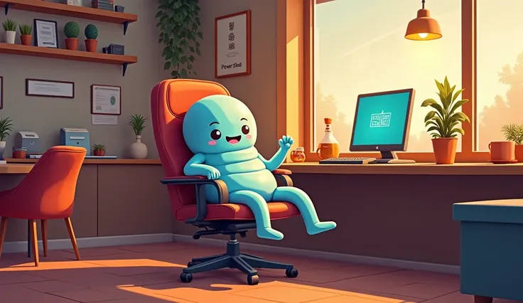 the powershell mascot sitting on a chair in an internet cafe