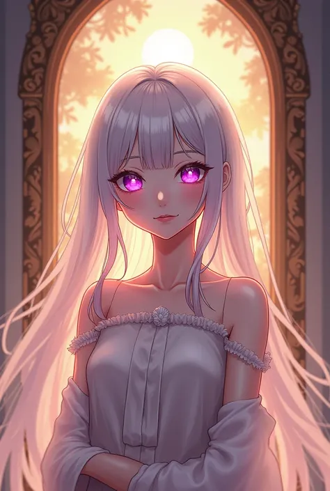 A beautiful girl, dressed as a saint, her smile like sunlight, her purple eyes shining, her hair shining white, behind her back is a mirror reflecting her eyes, a strange red color.