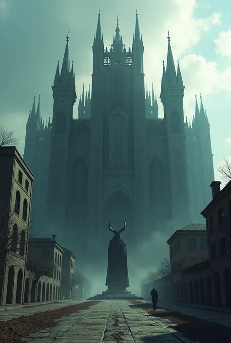 Create a giant satanic synagogue, imposing and somber, located in a hidden city, illuminated by daylight. The synagogue has a macabre architecture, with pointed towers, dark walls and sinister symbolic details. Next to the synagogue, a colossal statue of S...