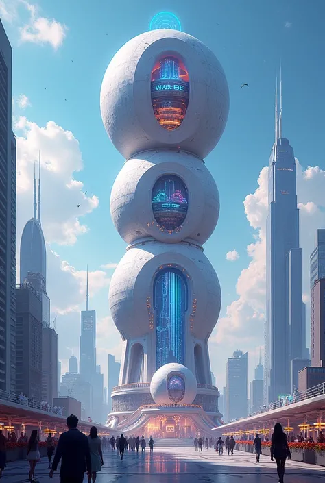 illustrate me a place with 1 tower composed of three futuristic balls to make a big party