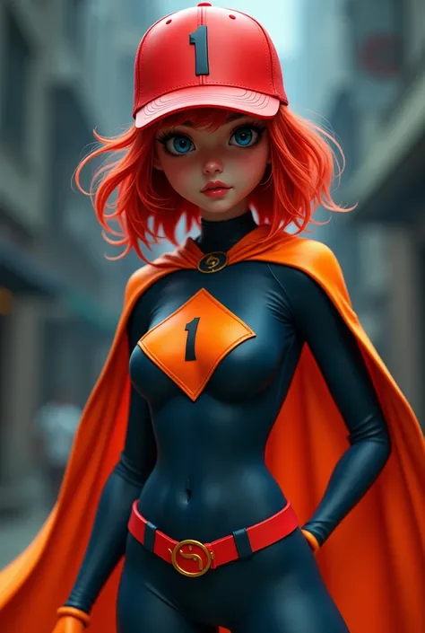 girl with a superhero style outfit without a fluorescent blue symbol with dark blue details and an orange diamond on her chest with an orange cape red hair and a red trucker cap with the red number 1 on the white part of the front of the cap