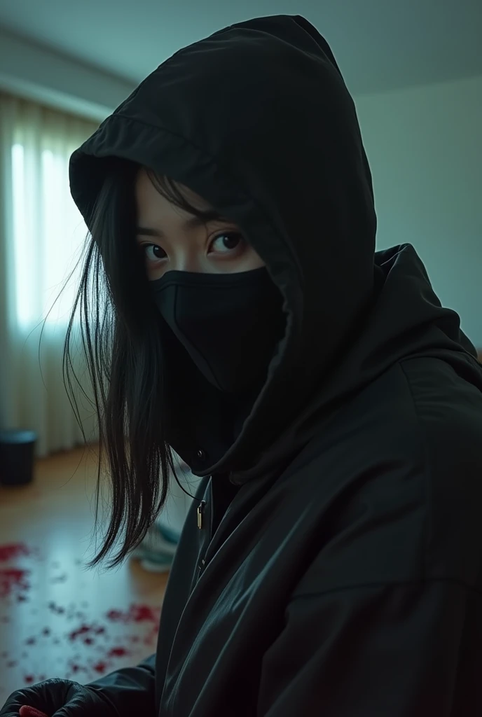 korean girl, (behind stiff, black balaclava mask), holding knife, stabbing, black leather gloves, hotel room, lesbian, bloody raincoat, hood up, holding knife, leather gloves, behind cadaver, looking at viewer, blood splatter, night, mass murderer, killer,...