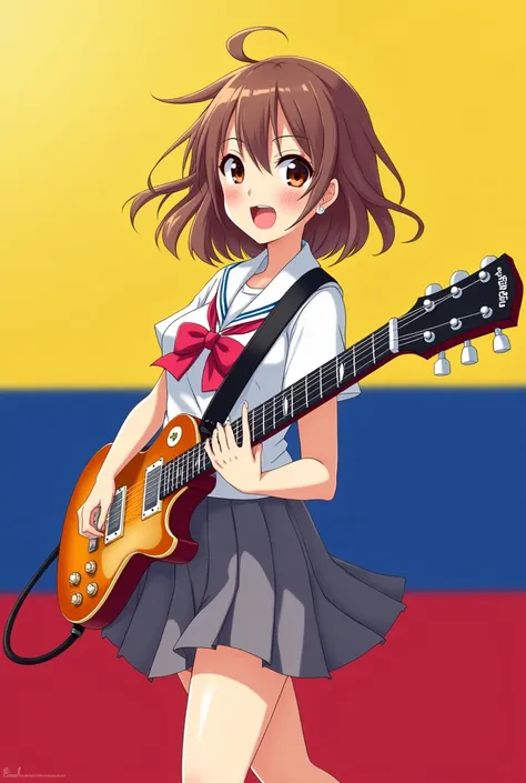 Has a yui hirasawa with the flag of colombia behind 