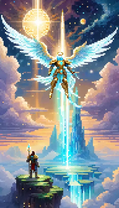 A pixel art of a celestial being standing on a platform made of ethereal clouds high above the earth. The creature has a regal, ethereal presence with glowing white eyes and holds a radiant spear made of pure light. It is adorned in armor made of silver an...