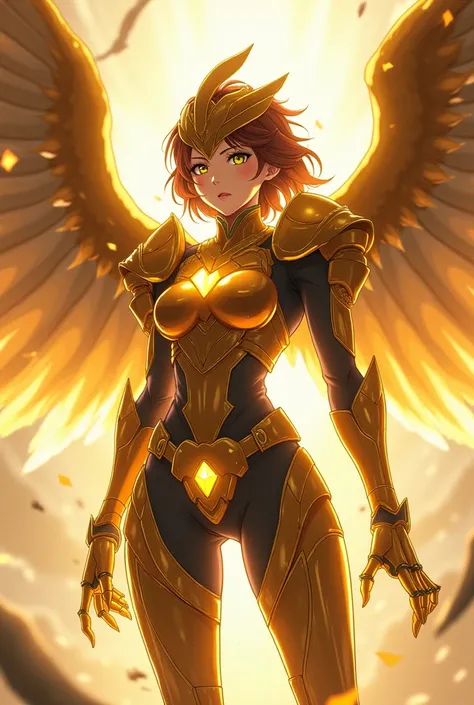 Anime, 20 y woman, chesnut short hair, with a golden metal armor, armor has mechanised golden metal wings, metal belt with a glowing light yellow gem, falcon-like metallic golden helmet with a metallic golden beak, golden metallic talon on knees, intense b...