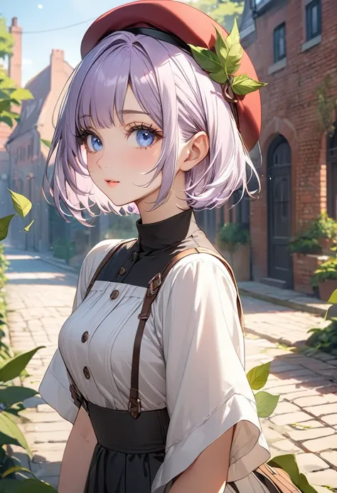 ((best quality)), ((Masterpiece)), (details), Young woman, alone, ( light purple hair, blue eyes, ((short hair)) , beautiful face, Beautiful skin, Long eyelashes, Thick eyelashes),Brick Road, Leaf leaf leaf, beret hat, tunic shirt, high-waist skirt, sunlig...