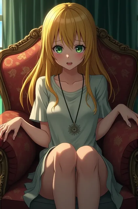 anime image, Woman with green eyes, has yellow hair, she is crying, and she is on a sofa. 