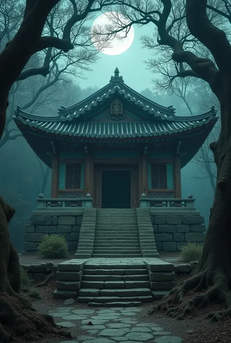 Simple image of a haunted ancient Korean temple in a forest 