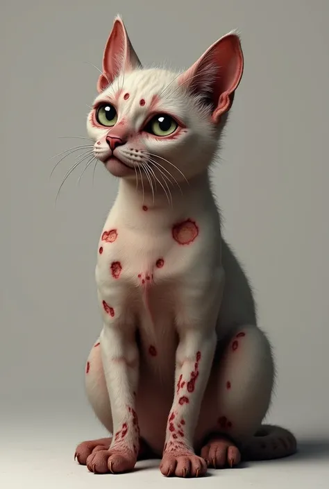  a cat with sporotrichosis with wounds on its muzzle(nase), ears, in the distal part of the limbs (two front and two back legs) and chest
