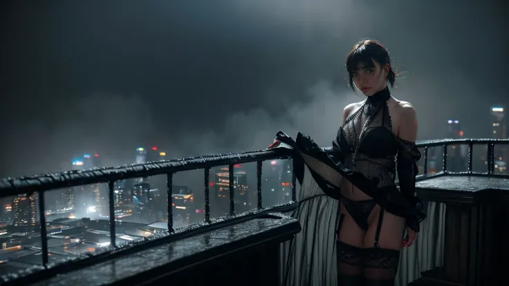 (Best Quality,hight resolution,Masterpiece, half body shot:1.2),Ultra-detailed,woman dressed in black bra and thong,sickly,standing on the rooftop of a skyscraper in a cold snowy city, shes wearing very sexy lingerie, foggy and cold east europe city in the...