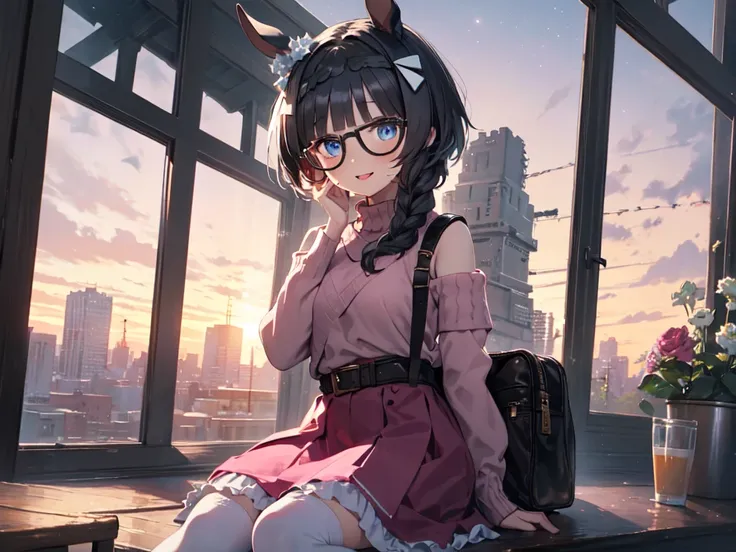 solo、alone、girl with horse ears、very sexy、duck sitting、leaning forward、beautiful breasts、breast bag、wearing pink glasses、pink li...