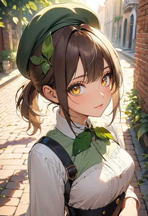 ((best quality)), ((Masterpiece)), (details), Young woman, (Medium bust, brown hair, yellow eyes, ((Ponytail)) , handsome face, (Tanned skin:1.3),Long eyelashes,Thick eyelashes), Brick Road, Leaf leaf leaf, beret hat, tunic shirt, high-waist skirt, sunligh...