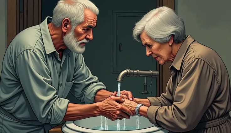 A man is washing the hands of his mother (Comics)