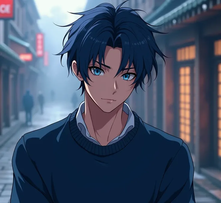 beautiful japanese guy, dark blue hair, blue eyes, dark blue sweater, anime, realisitic, strong jaw, full body, 4K