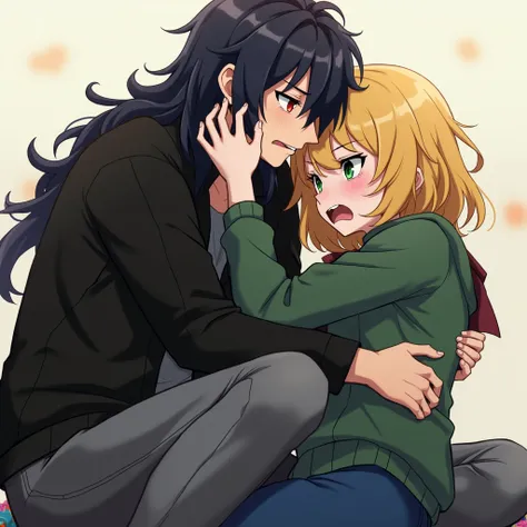 a high resolution, 2 characters, 1 man, long hair, black hair, Red eyes, Black jacket, grey jeans, Kind face, It calms down, 1 girl, blonde hair, green eyes, green jacket, blue jeans, crying, hard breath, cryingущее выражение лица, Close-up, background blu...