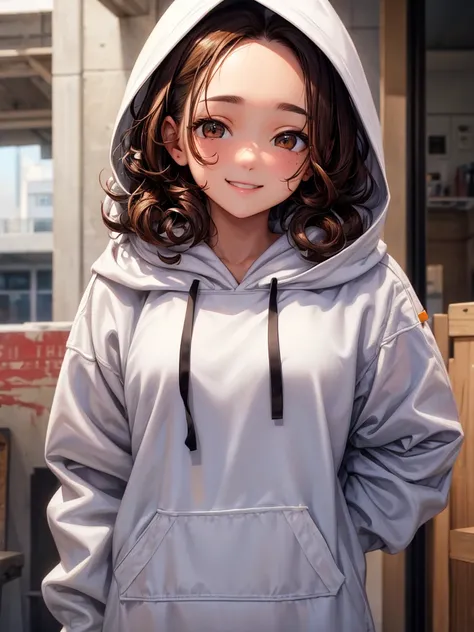 One girl,White hoodie,Brown Hair,High resolution,Highest quality,brown eyes, Forehead,Gentle Smile,Mole Under eye,Medium hair,Curly Hair