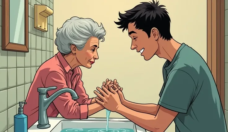 A 30 year old man is washing the hands of his mother (Comics)