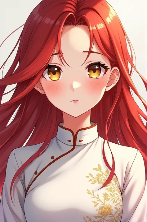 Anime, girl, red hair, no hair tie, yellow eyes, wearing white ao dai, front view 