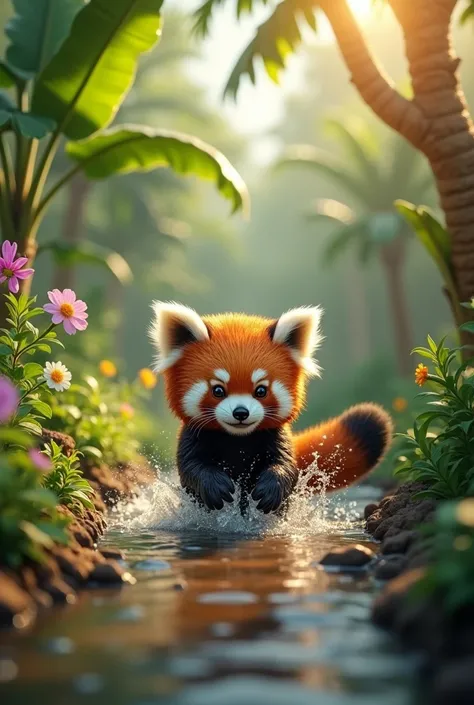 High resolution and realistic 3D image, a work of art. A red panda cub playing in the water of a small stream in a dense, rainy forest with flowering bushes, banana trees, coconut trees on the banks, small purple, yellow and white ipe trees in bloom under ...