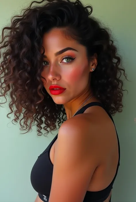 Portrait of a Latina woman with dark curly hair, Deep dark green eyes, and bright red plump lips dressed in fitness clothing