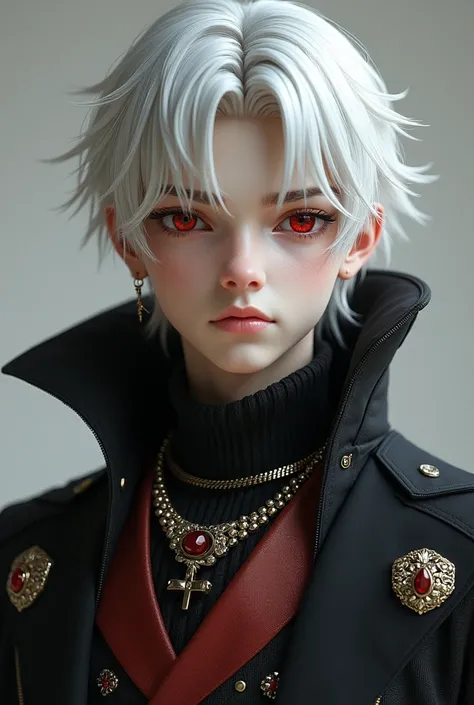 
"A 1 young man with fair skin, platinum white hair, and intense red eyes. He wears luxurious and sophisticated clothing, featuring an elegant outfit adorned with exquisite details and a high-fashion cloak. Always with an enigmatic expression and a piercin...