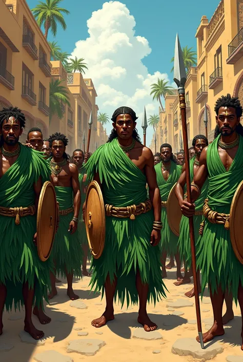 "Generate an illustration of 20 traditional African  lle-lfe warriors completely adorned with green raffia palm leaves on their arms and legs  with preparing for battle, with weapons and shields, set in a bustling courtyard."