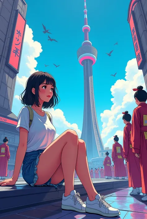 a beautiful young Japanese woman, dressed in a short skirt, t-shirt, sneakers, sitting looking at the horizon, in the tokyo sky tree cyberpunk tower, cartoon style, extravagant and with a futuristic theme. people dressed in Han dynasty costume.